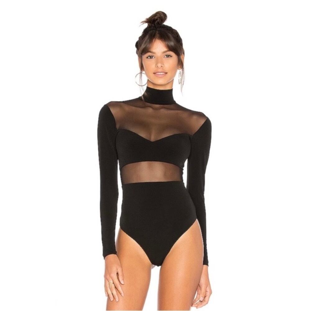 New Nookie Hyponotize Bodysuit Black Mesh Long Sleeve High Neck Women's S